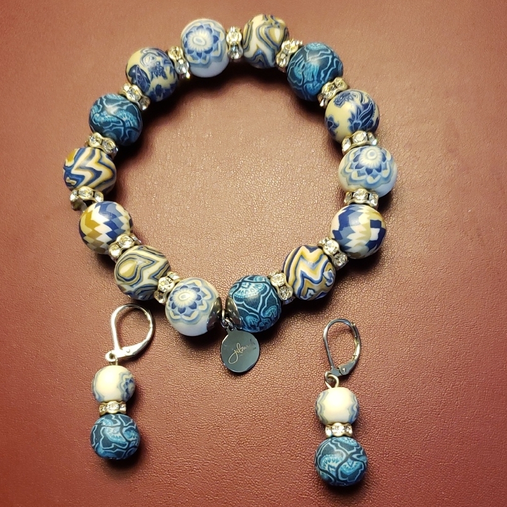 JILZarah Blue and White European Charm Bracelet with Sparkling Accents